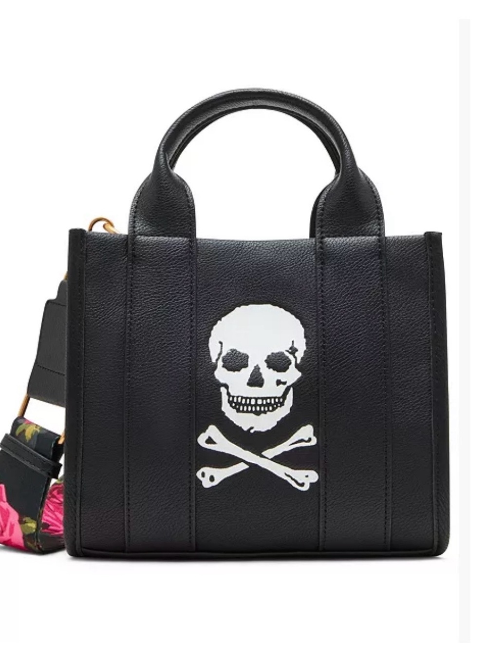Betsey Johnson Black & White Skull Crossbody Tote with rose removable strap